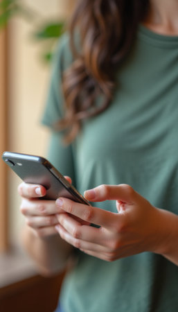 Woman using smartphone with focus on handsの素材