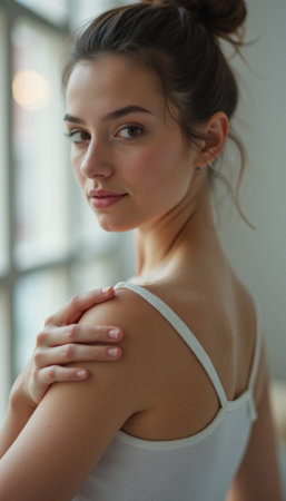 Elegant young woman gazing over her shoulderの素材
