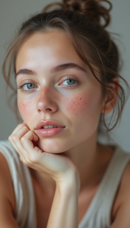 Thoughtful young woman with freckles resting her chin on her handの素材