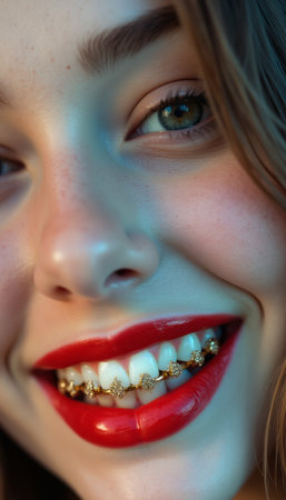 Smiling girl with golden braces and vibrant red lipstickの素材