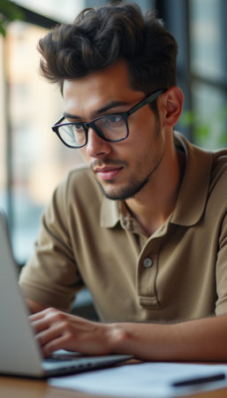 Focused young man working on a laptop in a cozy cafÃ©の素材