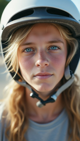 Young woman with striking blue eyes wearing a helmetの素材