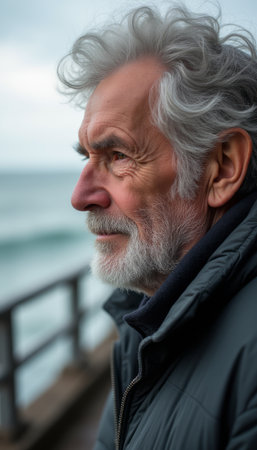 Thoughtful elderly man gazing at the oceanの素材