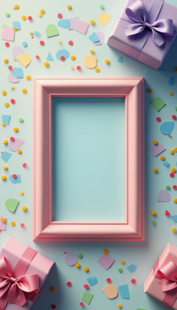 Charming pastel frame surrounded by colorful gifts and confettiの素材