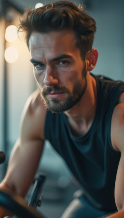 Intense male cyclist focused on his workoutの素材