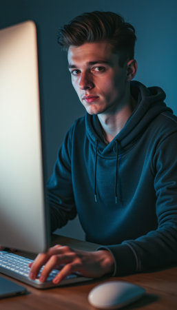 Focused young man working late at a computerの素材
