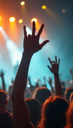Hands raised in excitement at a live concertの素材