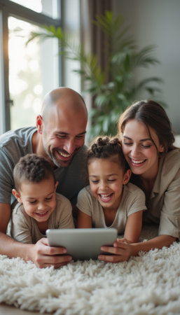 Joyful family enjoying time together with a tabletの素材