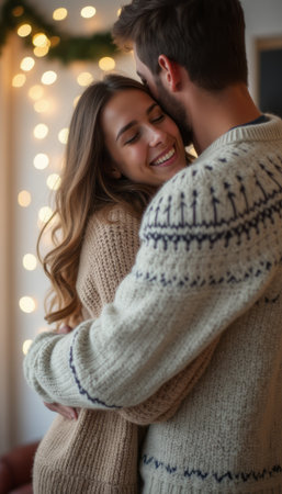 Couple embracing in cozy sweaters with twinkling lightsの素材