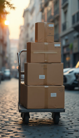 Delivery cart loaded with cardboard boxes on a cobblestone streetの素材
