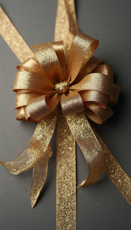 Glistening golden ribbon bow on a dark backgroundの素材