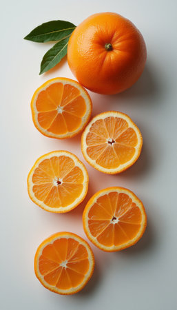 Fresh orange slices arranged artfully with a whole orangeの素材