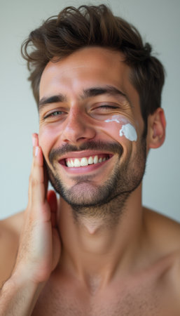 Smiling man applying skincare creamの素材