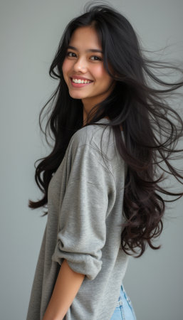 Smiling woman with flowing hair in a cozy sweaterの素材