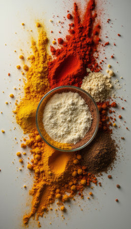 Colorful spices arranged artistically around a glass bowlの素材