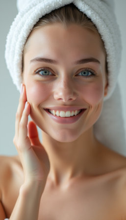 Radiant woman with a towel smiling brightlyの素材