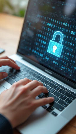 Hands typing on a laptop with a digital padlock symbolの素材