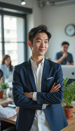 Confident young businessman in a modern officeの素材