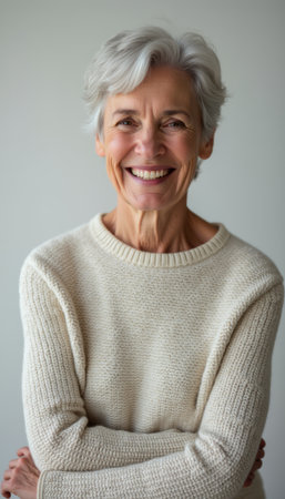 Joyful elderly woman with silver hair smiling warmlyの素材