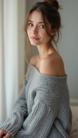 Beautiful woman in cozy sweater with soft smileの素材