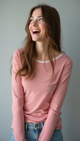 Joyful young woman in striped shirt smiling brightlyの素材