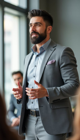 Confident businessman presenting in a modern officeの素材