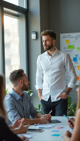Confident businessman leading a team meetingの素材