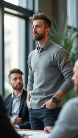 Confident man presenting in a modern office settingの素材