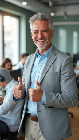 Confident businessman giving thumbs up in a modern officeの素材