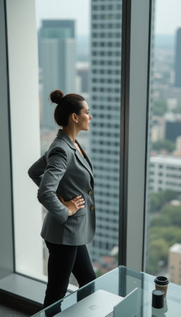 Confident businesswoman gazing out at the city skylineの素材