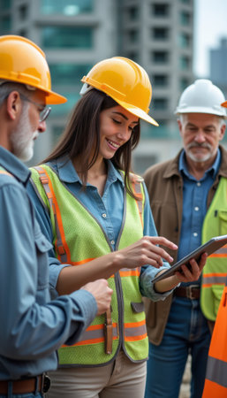 Team of construction workers collaborating on a projectの素材