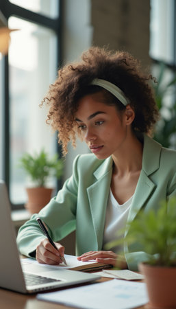 Focused woman writing notes while working on a laptopの素材