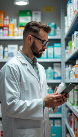 Pharmacist reviewing medication on a tabletの素材