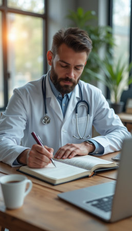 Focused male doctor writing notes in a cozy officeの素材