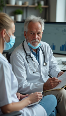 Doctor and nurse discussing patient careの素材