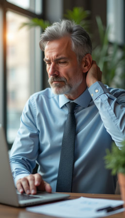 Thoughtful businessman working on a laptopの素材