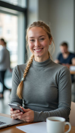 Smiling young woman in a cozy cafÃ©の素材