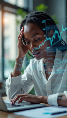 Stressed woman analyzing financial data on a laptopの素材