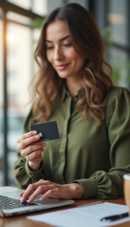Woman using a credit card while shopping onlineの素材