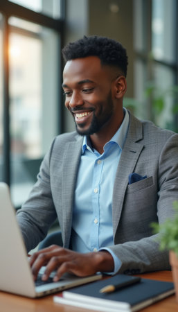 Smiling businessman working on a laptop in a modern officeの素材