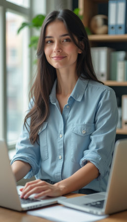 Confident young woman working on laptops in a bright officeの素材