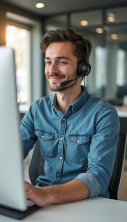 Smiling man in headset working on a computerの素材