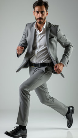 Confident businessman running in a sleek gray suitの素材