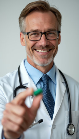 Smiling doctor holding a green pillの素材