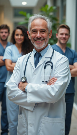 Confident medical team with smiling doctor in foregroundの素材