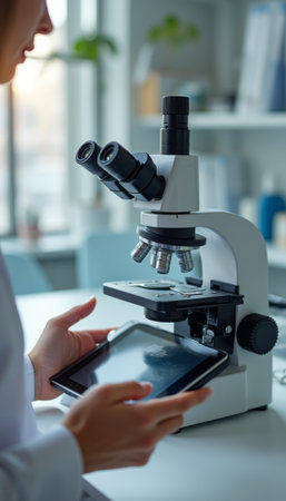 Scientist examining samples with a microscope and tabletの素材