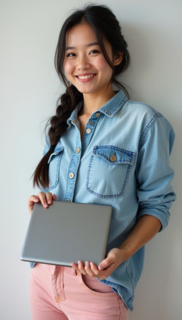 Smiling woman holding a laptop against a light backgroundの素材