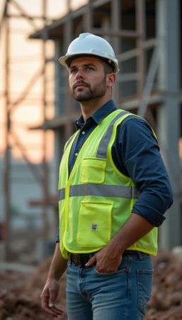 Confident construction worker in safety gearの素材