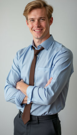 Confident young man in a blue shirt and brown tieの素材
