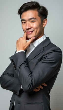 Confident young Asian man in a suit with a charming smileの素材
